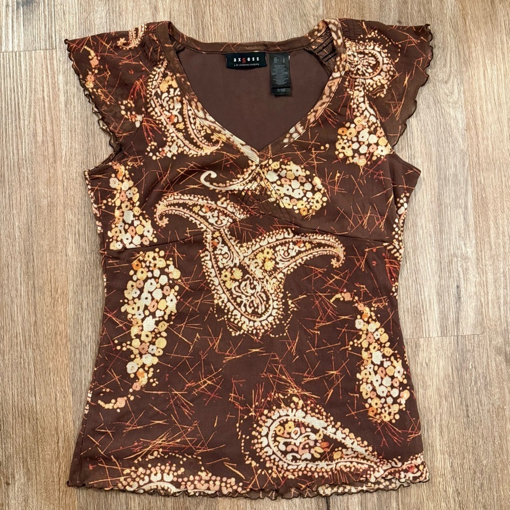 Vtg Y2K Brown Paisley Babydoll Top Women’s L Mesh Flutter Sleeves Fairy Grunge